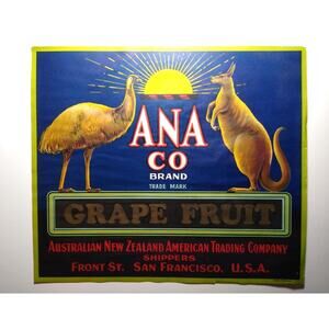 ANA Brand Grape Fruit Crate Label Emu Kangaroo Animal Art Original Vintage 1920s